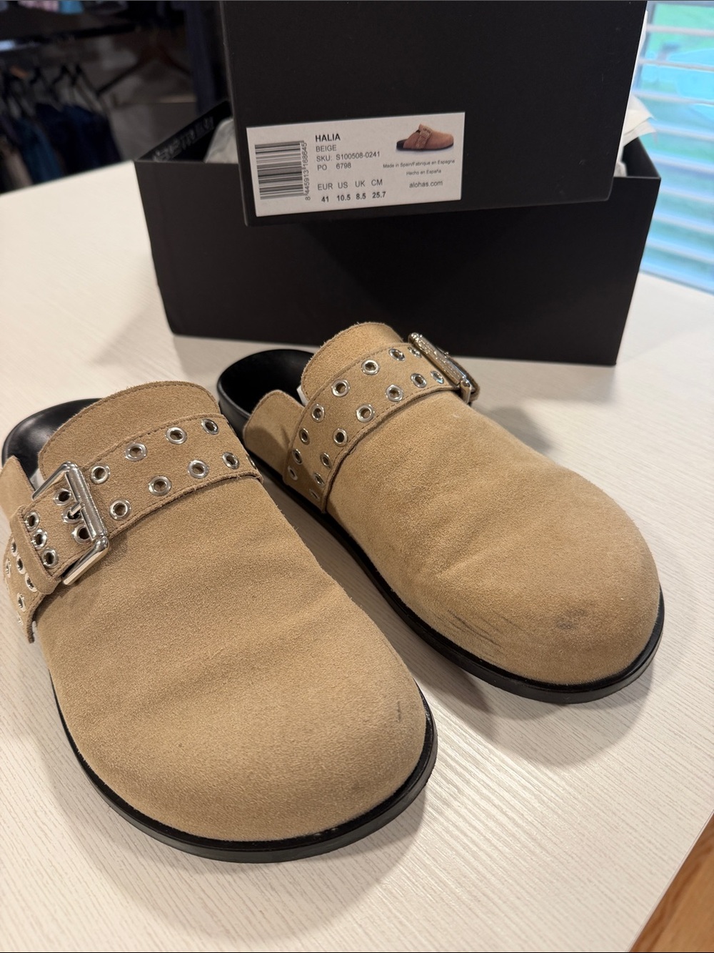 ALOHAS Halia Suede Mule in Beige with Silver Buckle 10.5/41